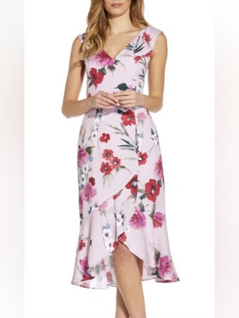 Adrianna Papell Pink Floral V-Neck Midi Formal Sheath Dress..Size:M
